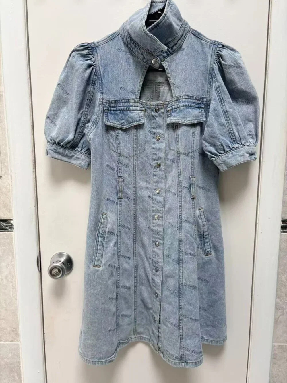 Retro Denim Mini Dress Puff Sleeve Chest Cutout Button Up Jean Dress Blue S